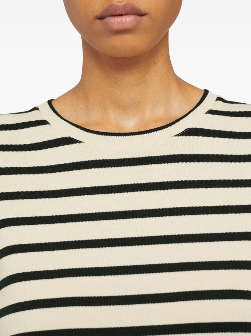 Jil Sander Fine Ribbed Off-White And Black Crew Neck Sweater