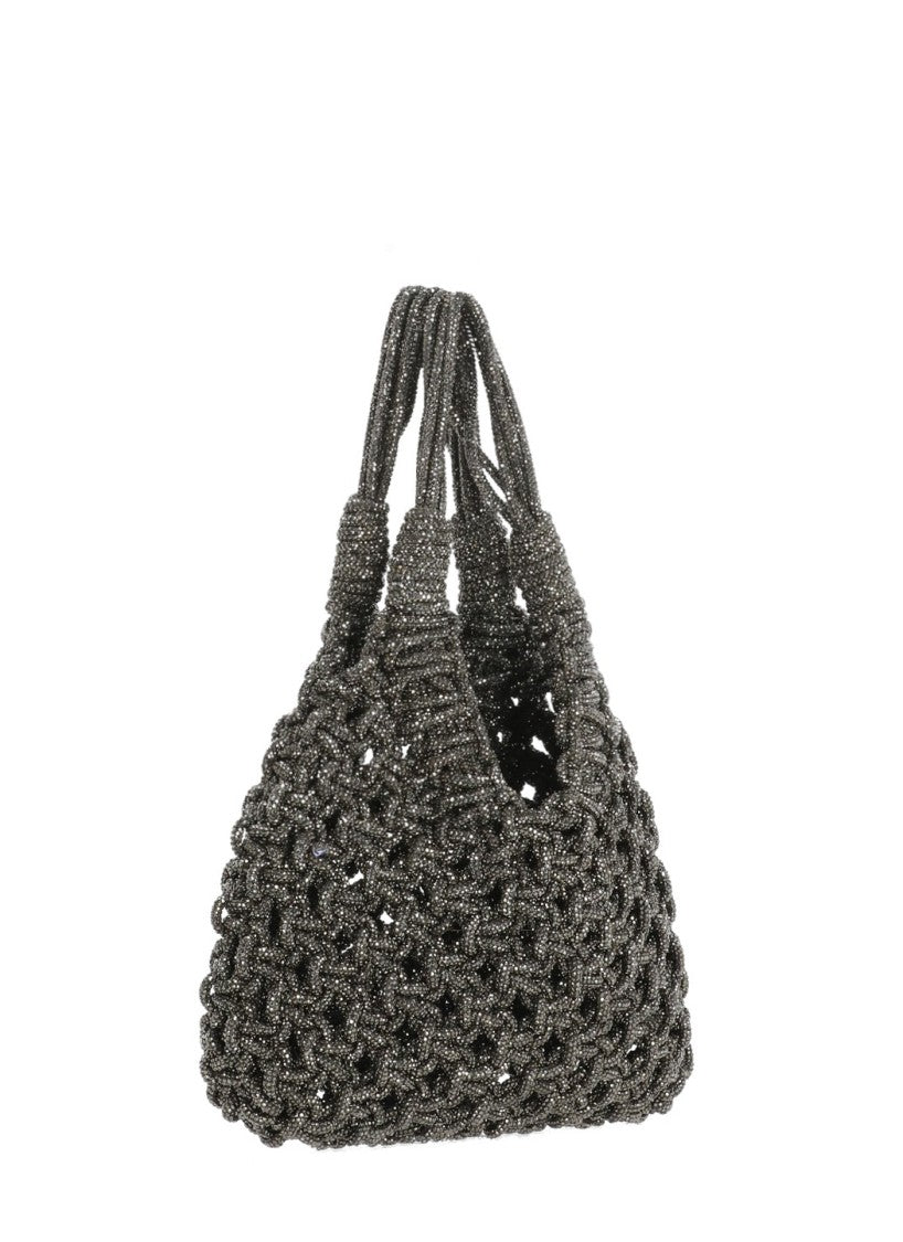 Hibourama Intricate Grey Hematite Jewelry Bag With Woven Crystal Design
