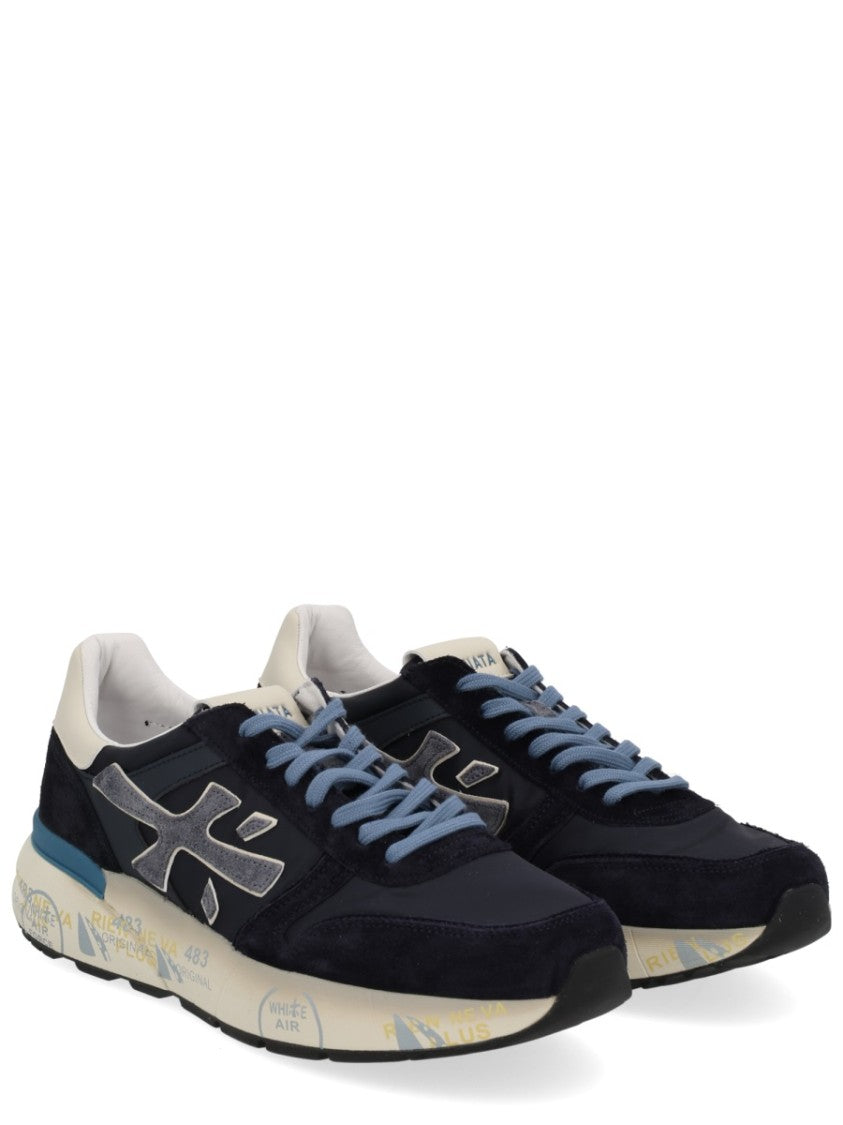 Premiata Dark Base Sneakers With Light Blue Laces And Cream Heel Accent