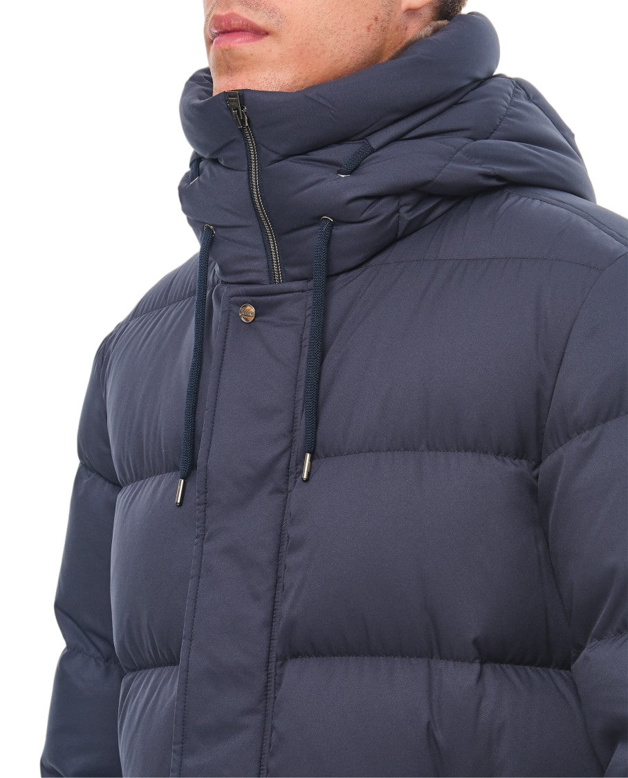 Herno Blue Hooded Long Faux-Fur Collar Down Jacket