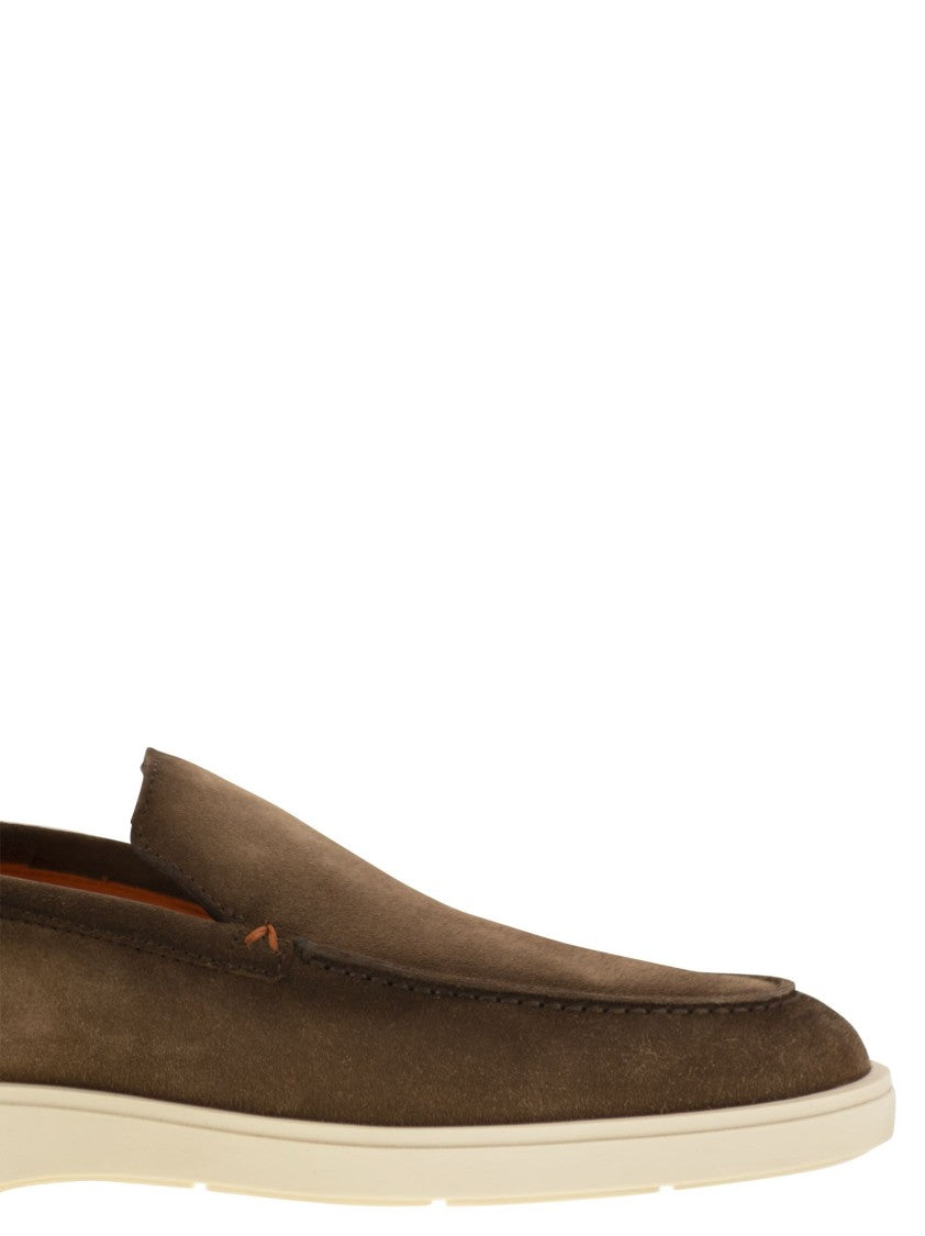 Santoni Brown Suede Moccasin With Orange Detailing