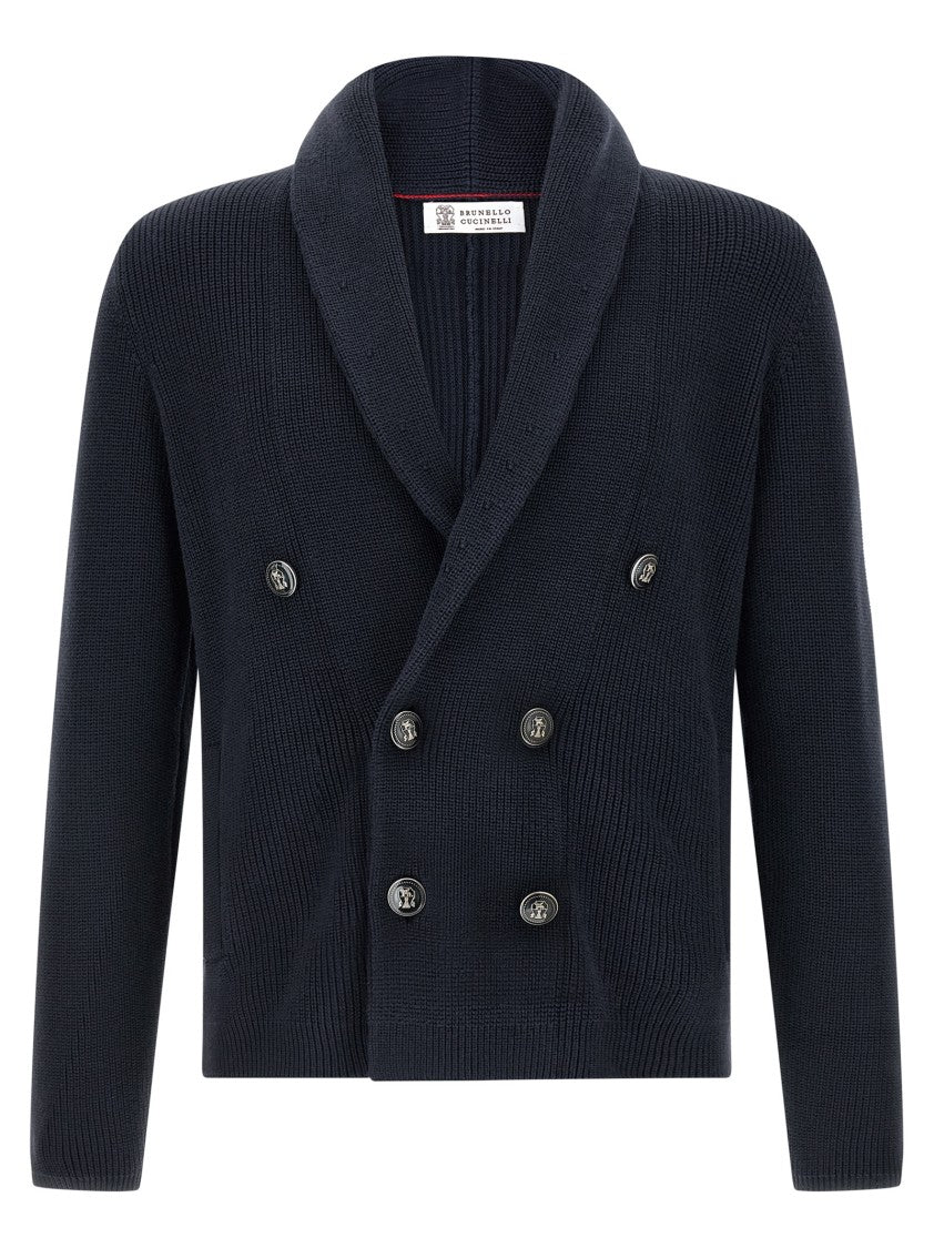 Brunello Cucinelli Half-Ribbed Blue Cardigan With Double-Breasted Design And Shawl Collar
