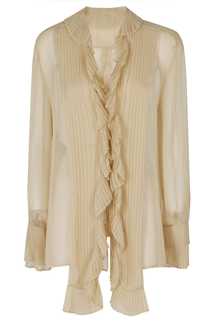 Alberta Ferretti Beige Silk Chiffon Pleated Ruffled V-Neck Silk Blouse