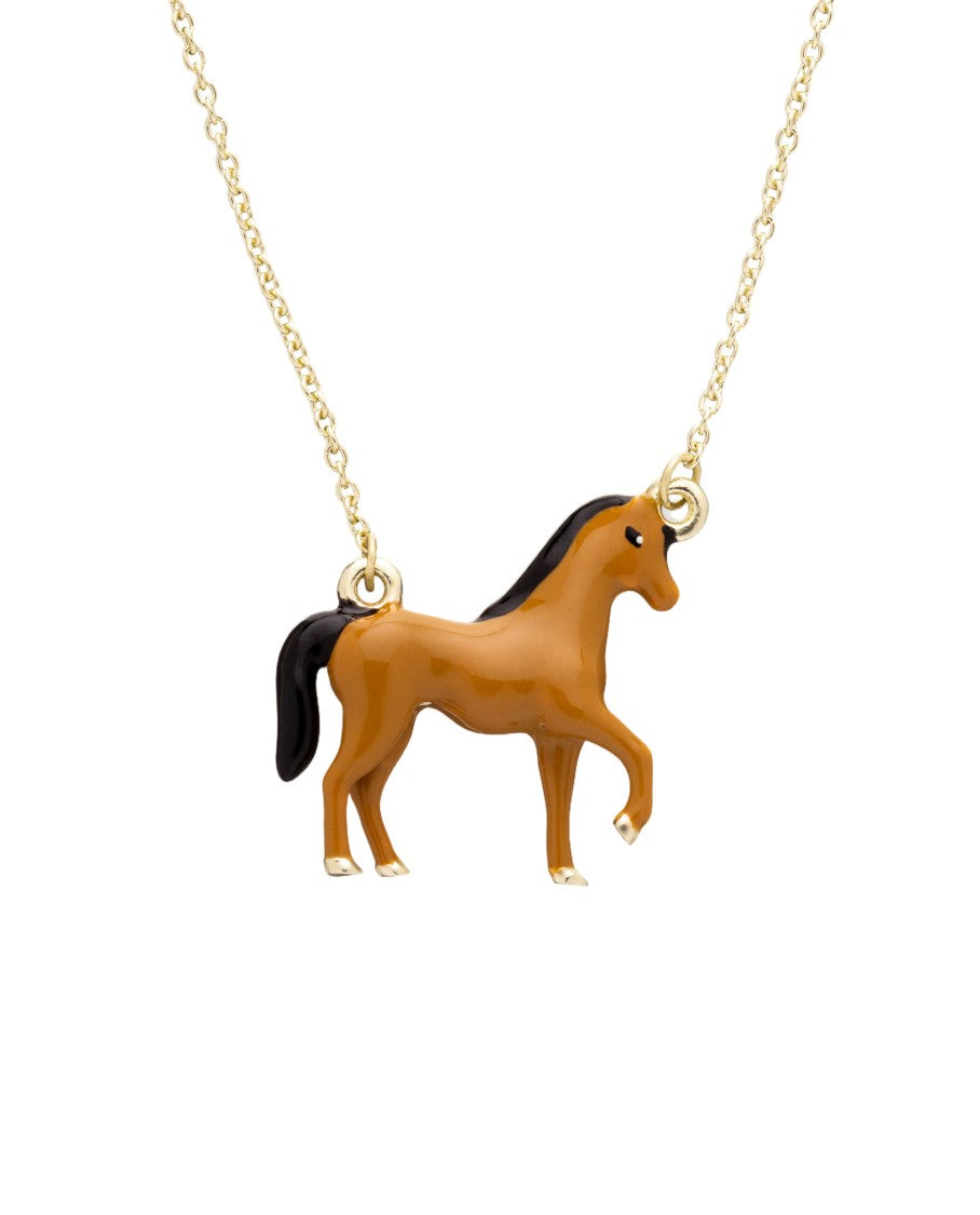 Aliita Brown Caballo Enamel Gold Horse Pendant Necklace