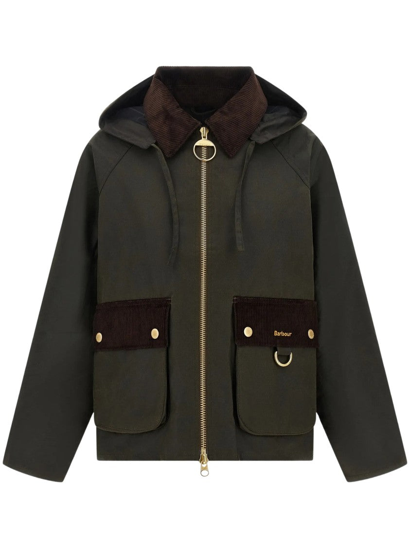 Barbour Carville Hooded Jacket In Dark Olive Green With Corduroy Accents