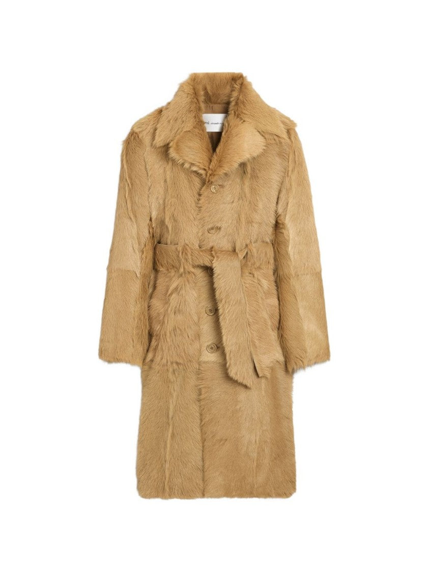 Ami Paris Double-Breasted Camel Coat With Textured Fur-Like Fabric