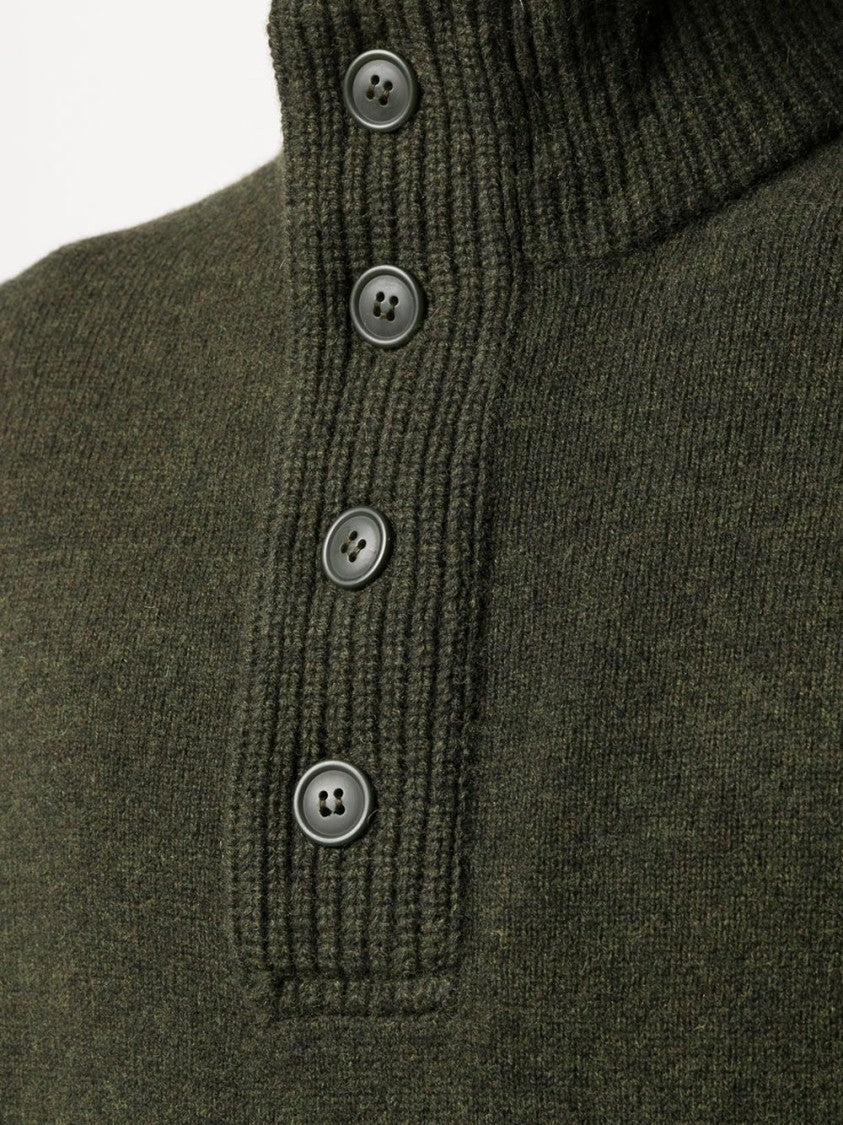 Barbour Forest Green Wool Knit Sweater With Ribbed Detailing And Button Accents
