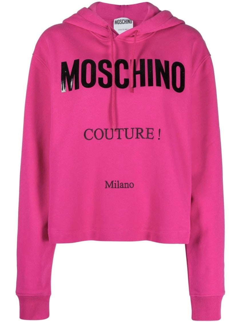 Moschino Cropped Purple Sweatshirt With Graphic Print And Hood