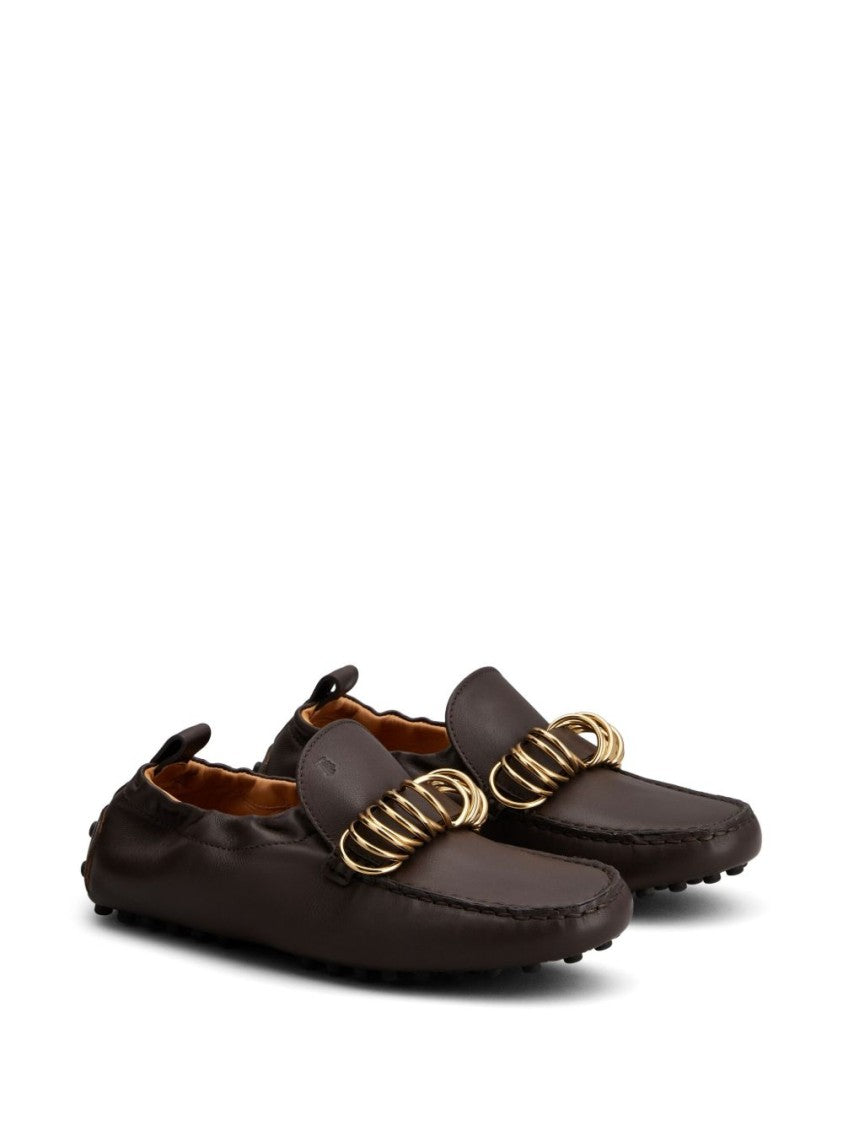 Tod's Brown Loafers With Gold Ring Embellishment