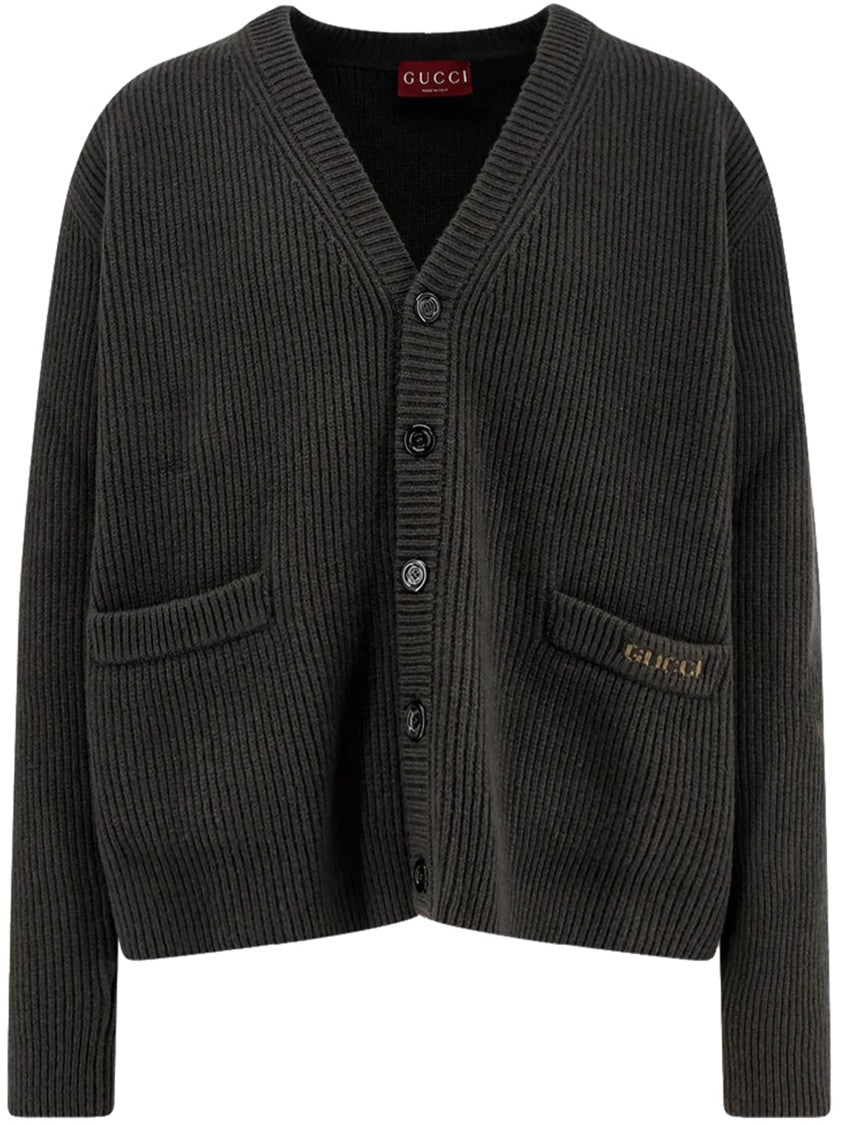 Gucci Black Ribbed Knit V-Neck Cotton Cardigan