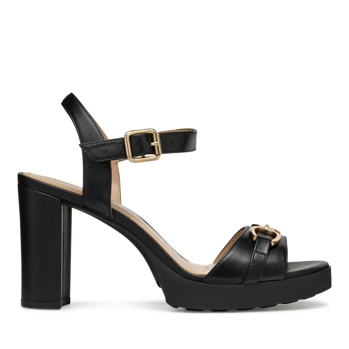 Geox Walk Pleasure Black Block Heel Leather Sandals