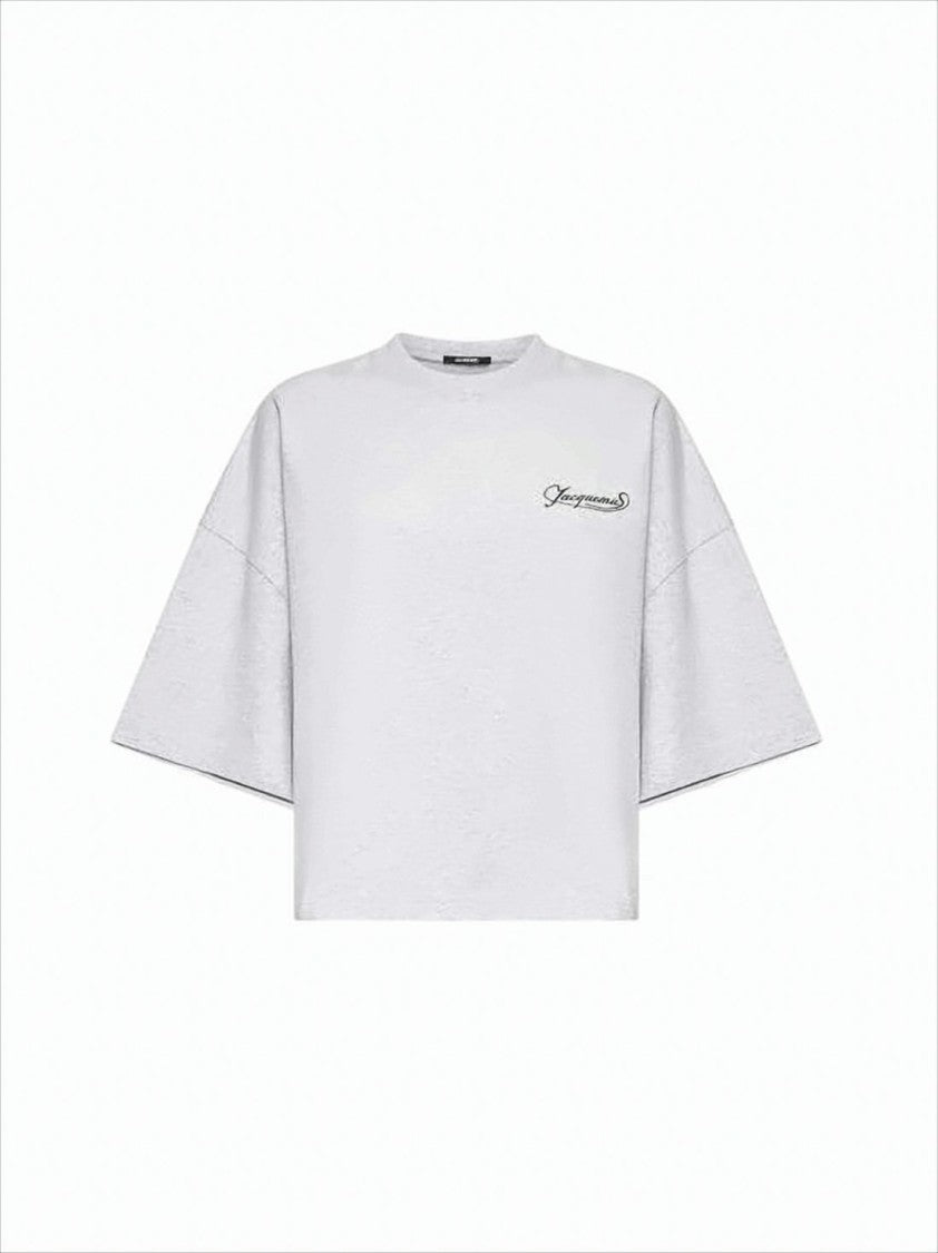 Jacquemus Cropped Grey T-Shirt With Boxy Silhouette And Embroidered Detail