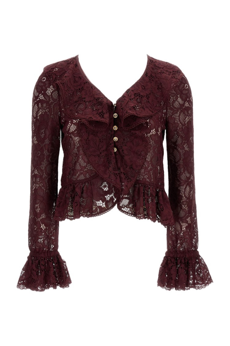 Self-Portrait Burgundy Lace Ruffle Crop Top