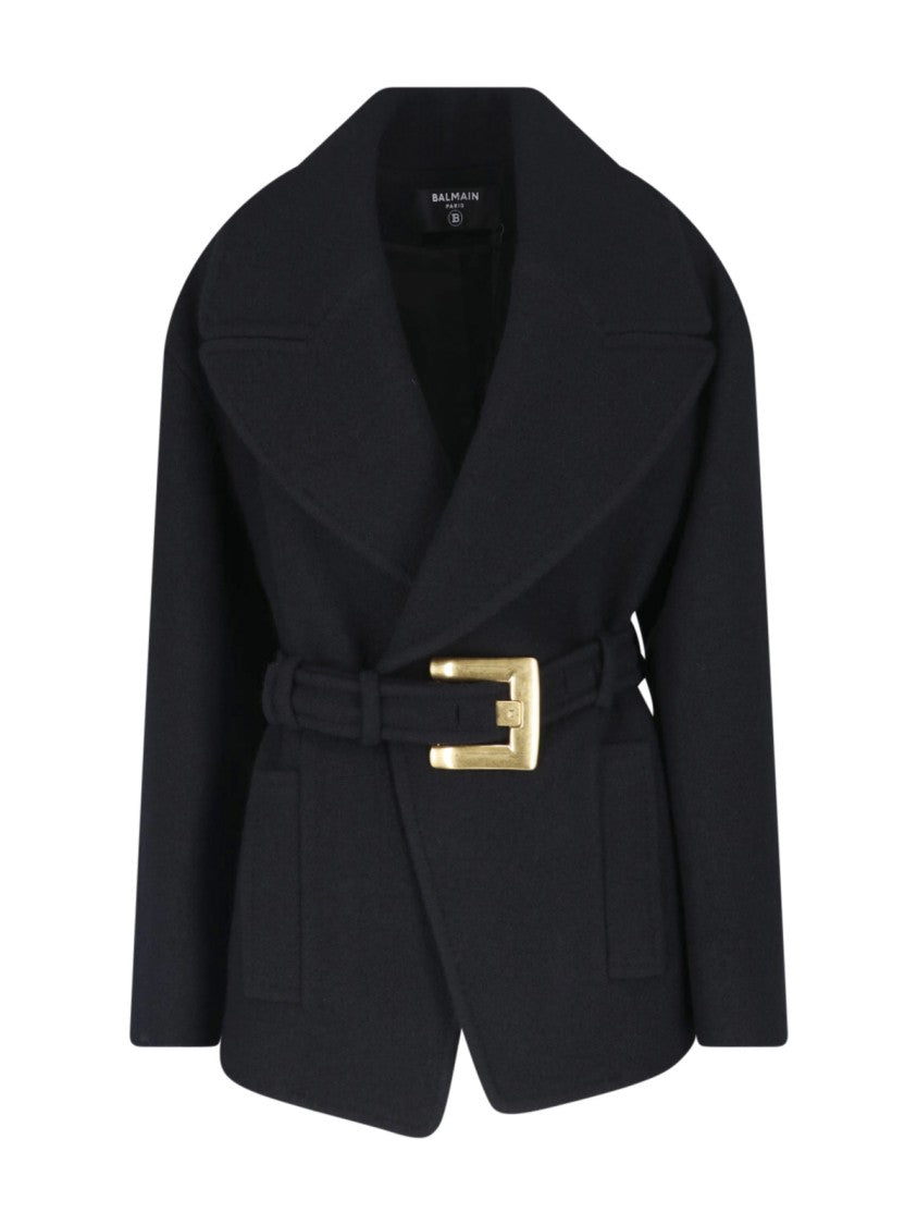 Balmain Tailored Virgin Wool Coat With Oversized Buckle Detail