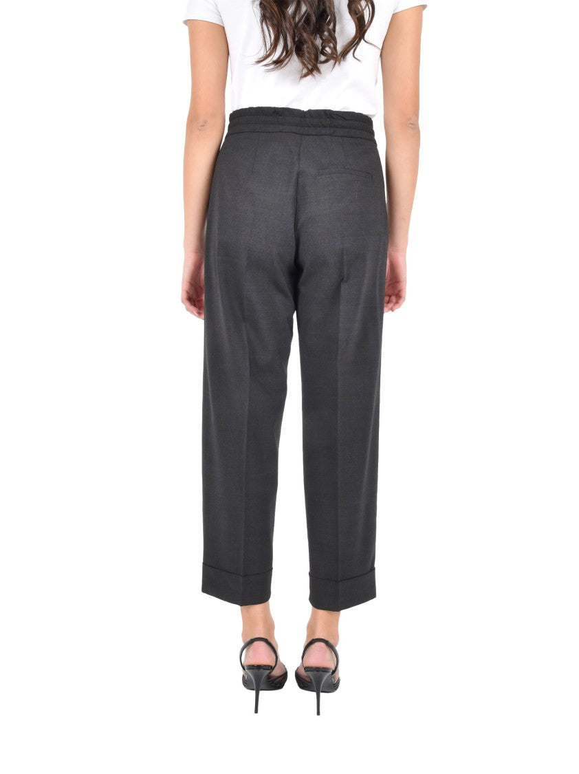 Parosh Cropped Dark Brown Trousers With Drawstring Waist