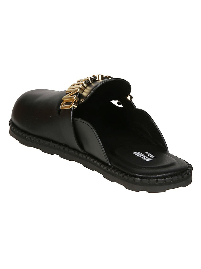 Moschino Black Logo Calf Leather Sandals