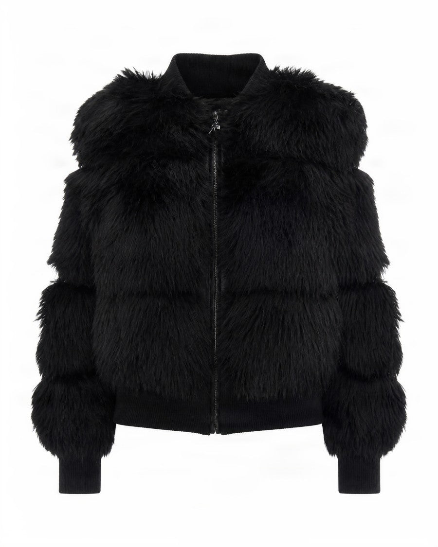Patrizia Pepe Short Black Faux Fur Stand-Up Collar Jacket