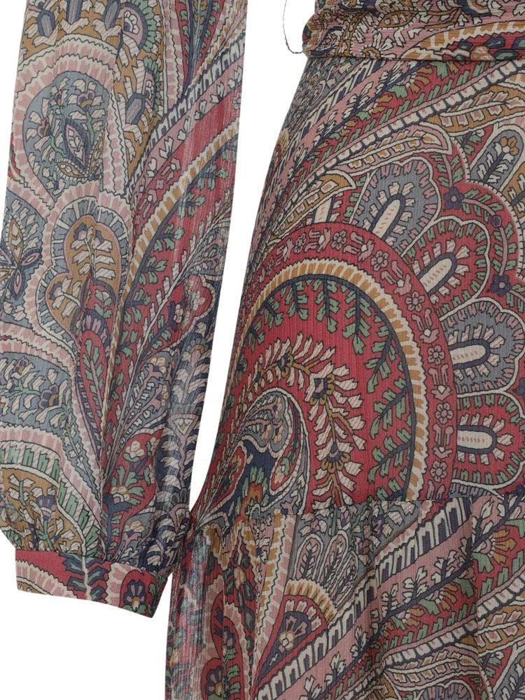 Etro Multicolored Paisley Midi Dress With Ruffled Neckline And Tiered Hem