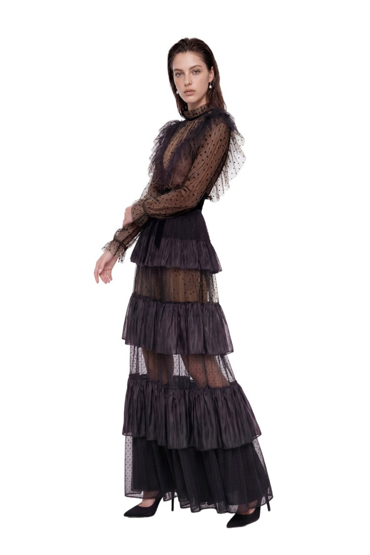 Saiid Kobeisy Tiered Dotted Tulle Dress With Velvet Bow Accents