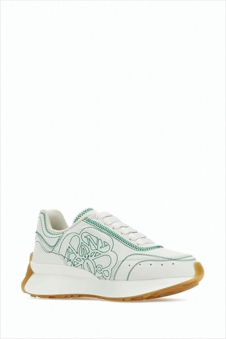Alexander Mcqueen White Sneakers With Abstract Green Stitching