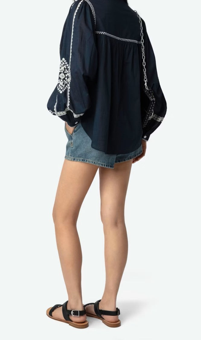 Zadig & Voltaire Black Embroidered Blouse With Voluminous Sleeves
