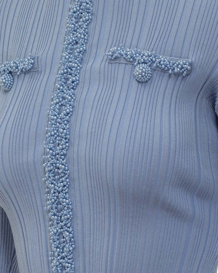 Self-Portrait Fitted Ribbed Knit Cardigan With Pearl Embellishments