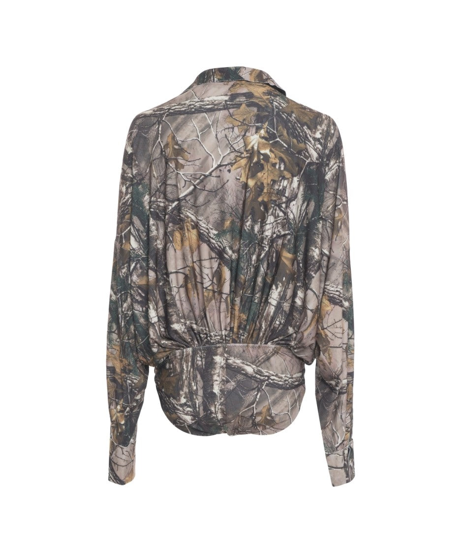 Norma Kamali Camouflage-Inspired Long-Sleeved Top With Deep V-Neckline