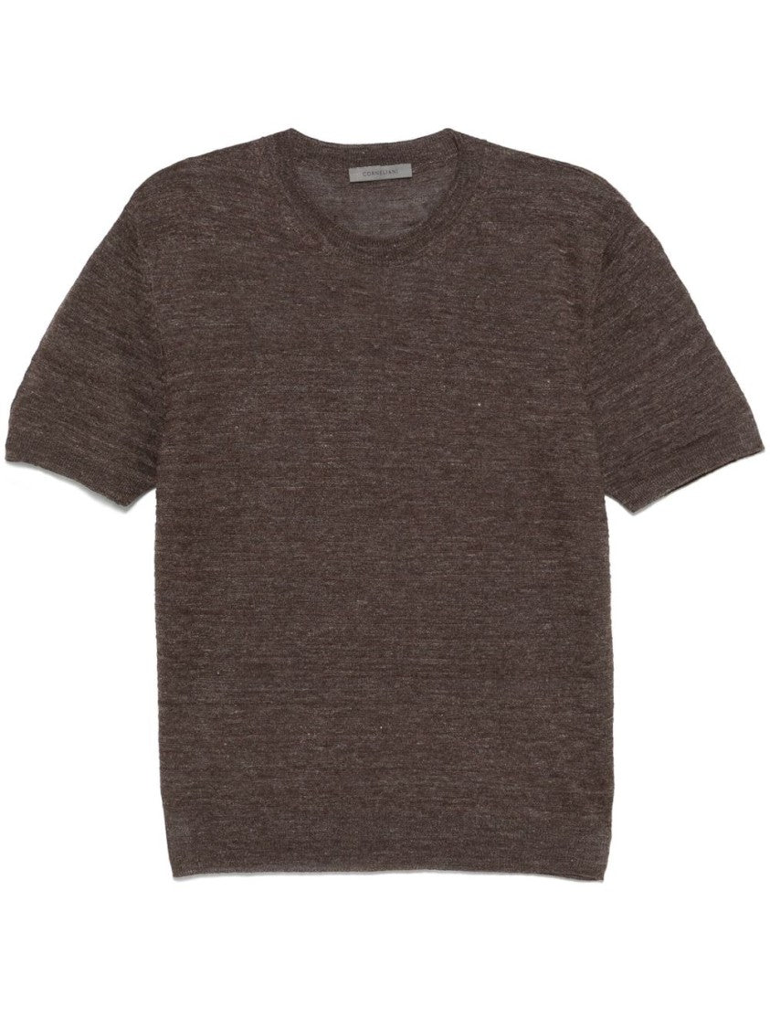 Corneliani Short-Sleeved Brown Knit Top With Textured Finish