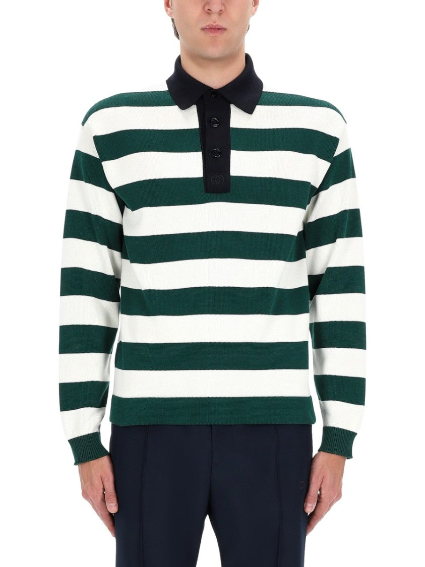 Gucci Striped Long-Sleeve Silk-Blend Polo Shirt
