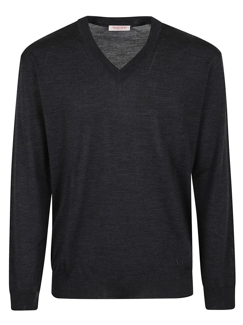 Valentino Light Pure Wool Sweater With V-Neck And Ribbed Elastic Profiles