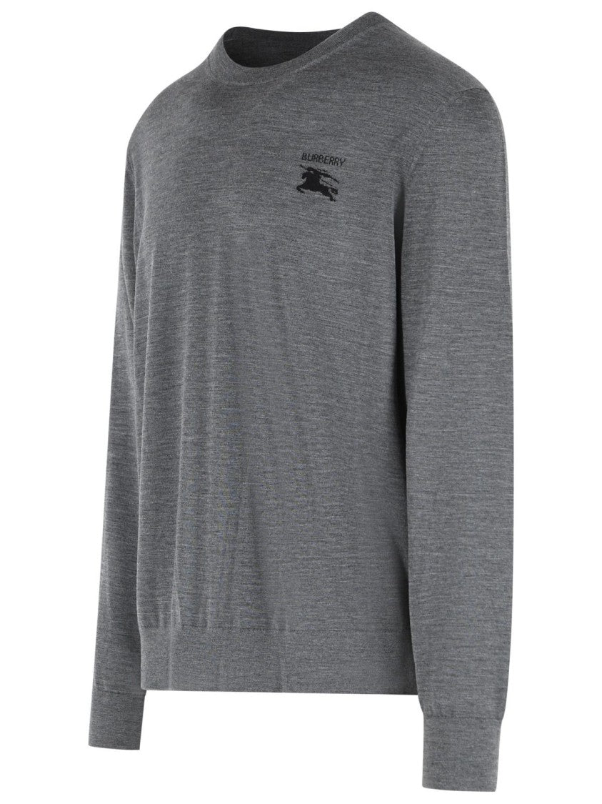 Burberry Ribbed Grey Wool Sweater With Contrast Logo