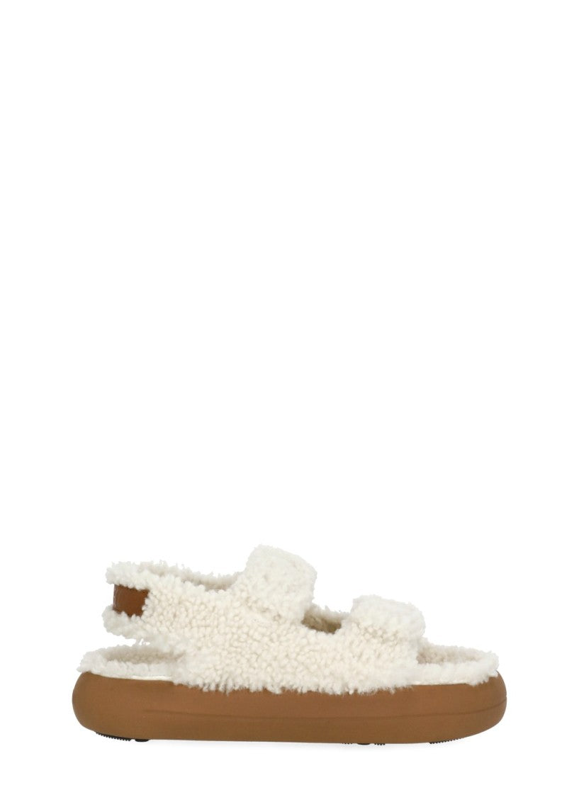 Moon Boot Ivory Velcro Strap Shearling Sandals