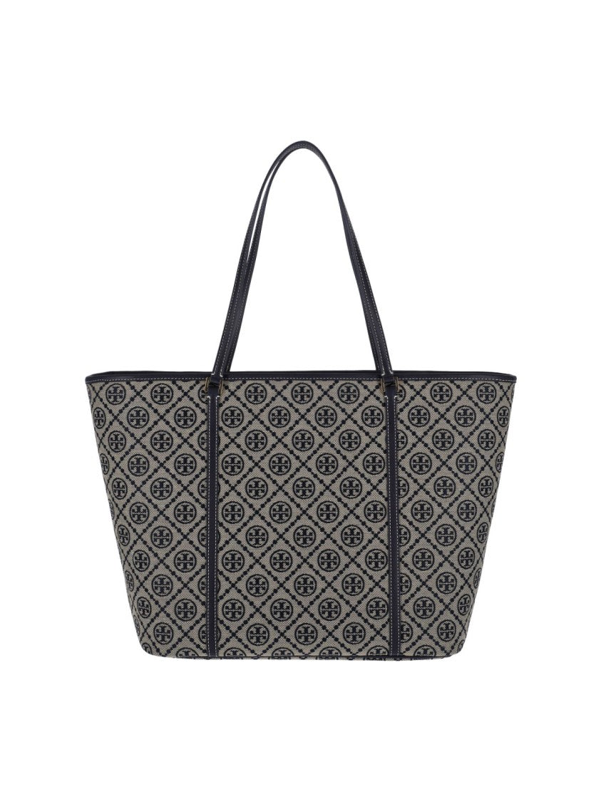 Tory Burch T Monogram Beige Blue Jacquard Large Tote Bag