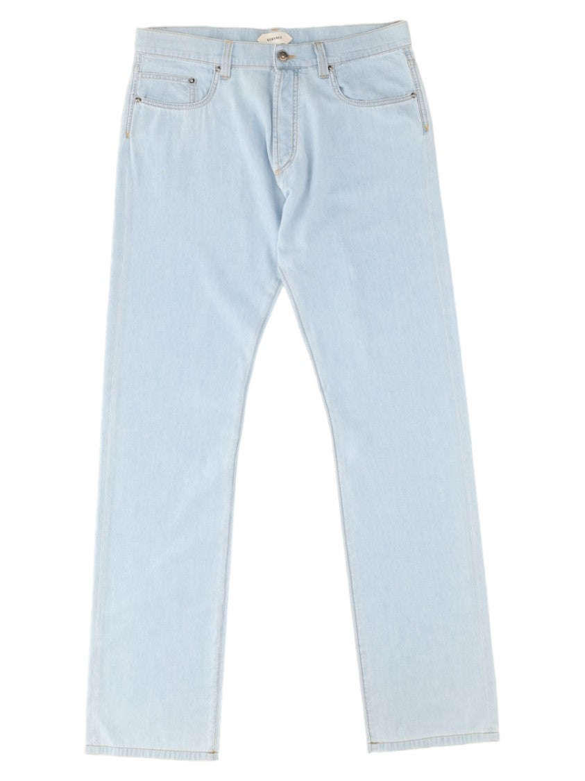 Versace Light Wash Denim Jeans With Calf Leather Trim