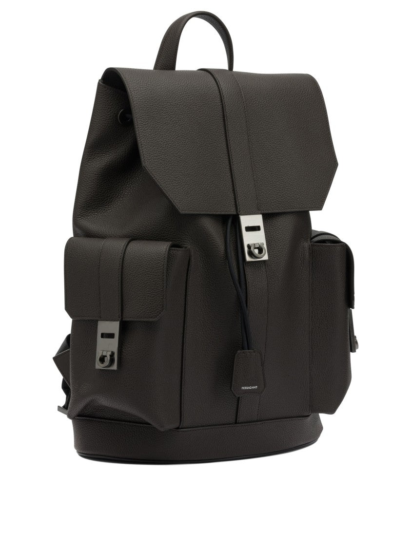 Ferragamo Double Pocket Leather Backpack With Flap Top