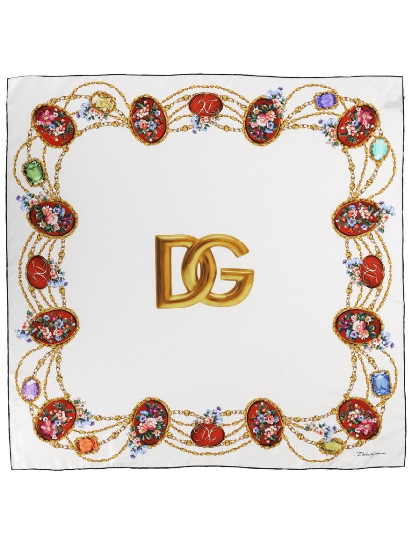 Dolce & Gabbana White Silk Gold Chains Scarf