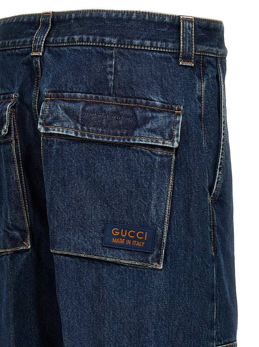 Gucci Very Wide Leg Cotton Denim Cargo Jeans