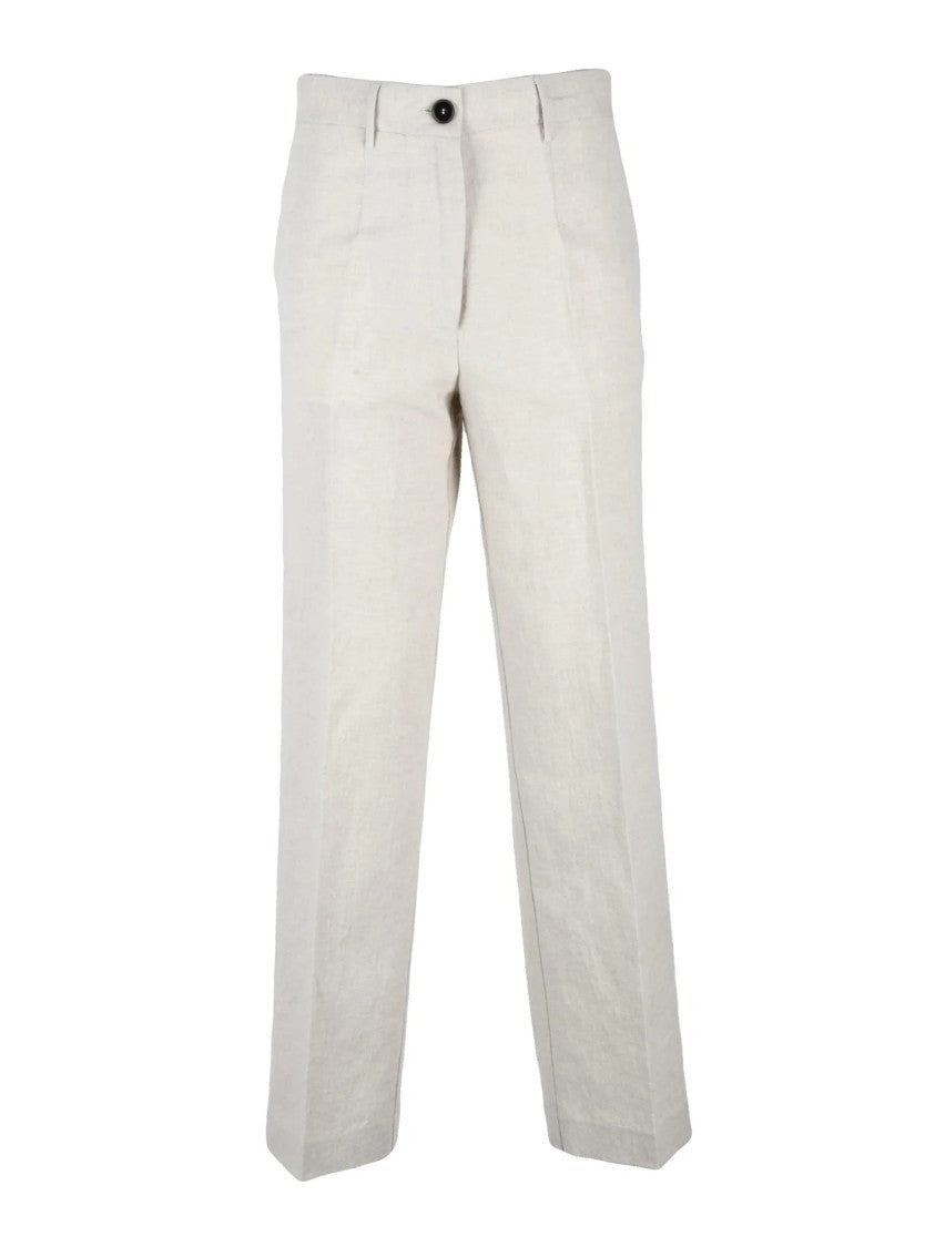 Pomandère Beige Linen-Blend Straight-Leg Pants