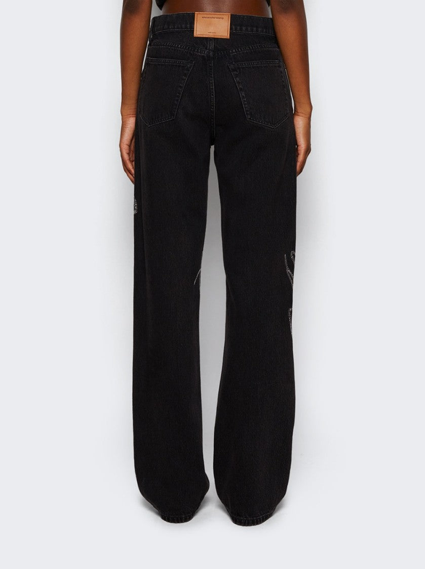 Alexander Wang Ez Mid Rise Jean In Crystal Hotfix Logo Grey Aged