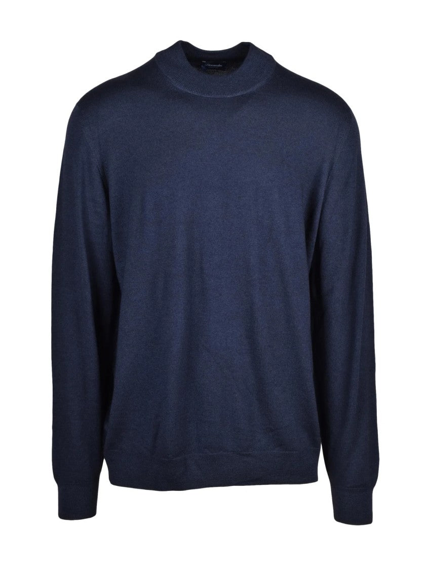 Drumohr Blue Extrafine Merino Wool Stand-Collar Pullover