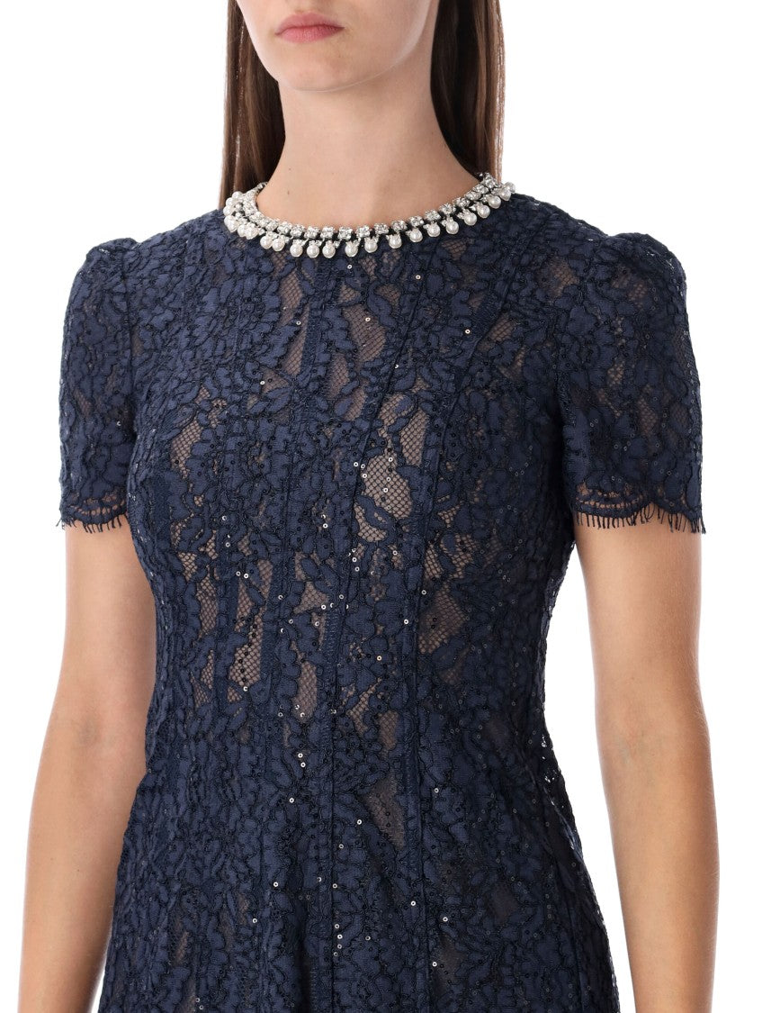 Self-Portrait Self-Portrait Navy Lace Midi Dress With Pearl