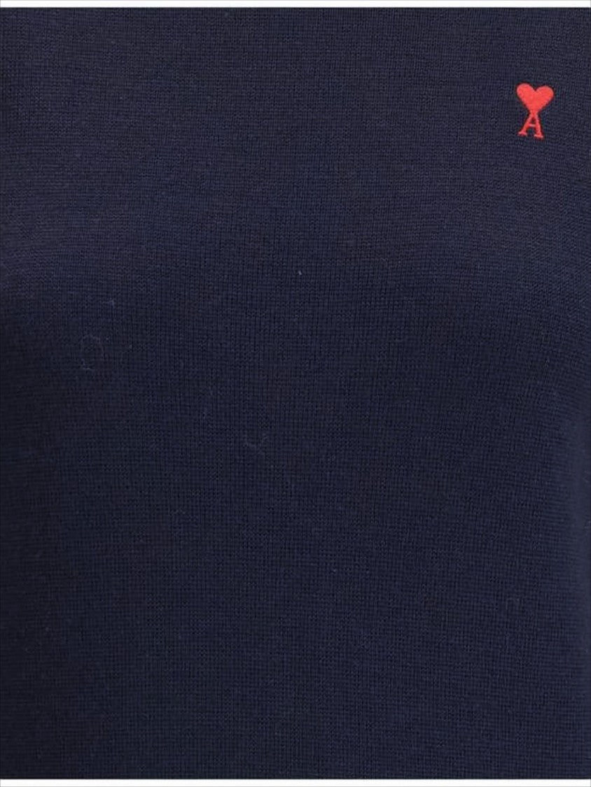 Ami Fitted Blue Turtleneck Sweater With Embroidered Heart Detail