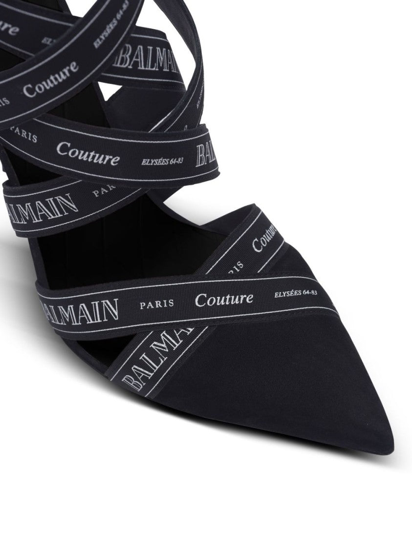 Balmain Black Logo Print Stiletto Suede Sandals