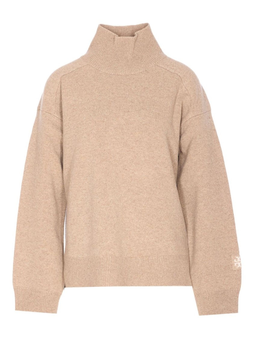 Tory Burch Beige Knit Sweater With Ribbed Mock Neck