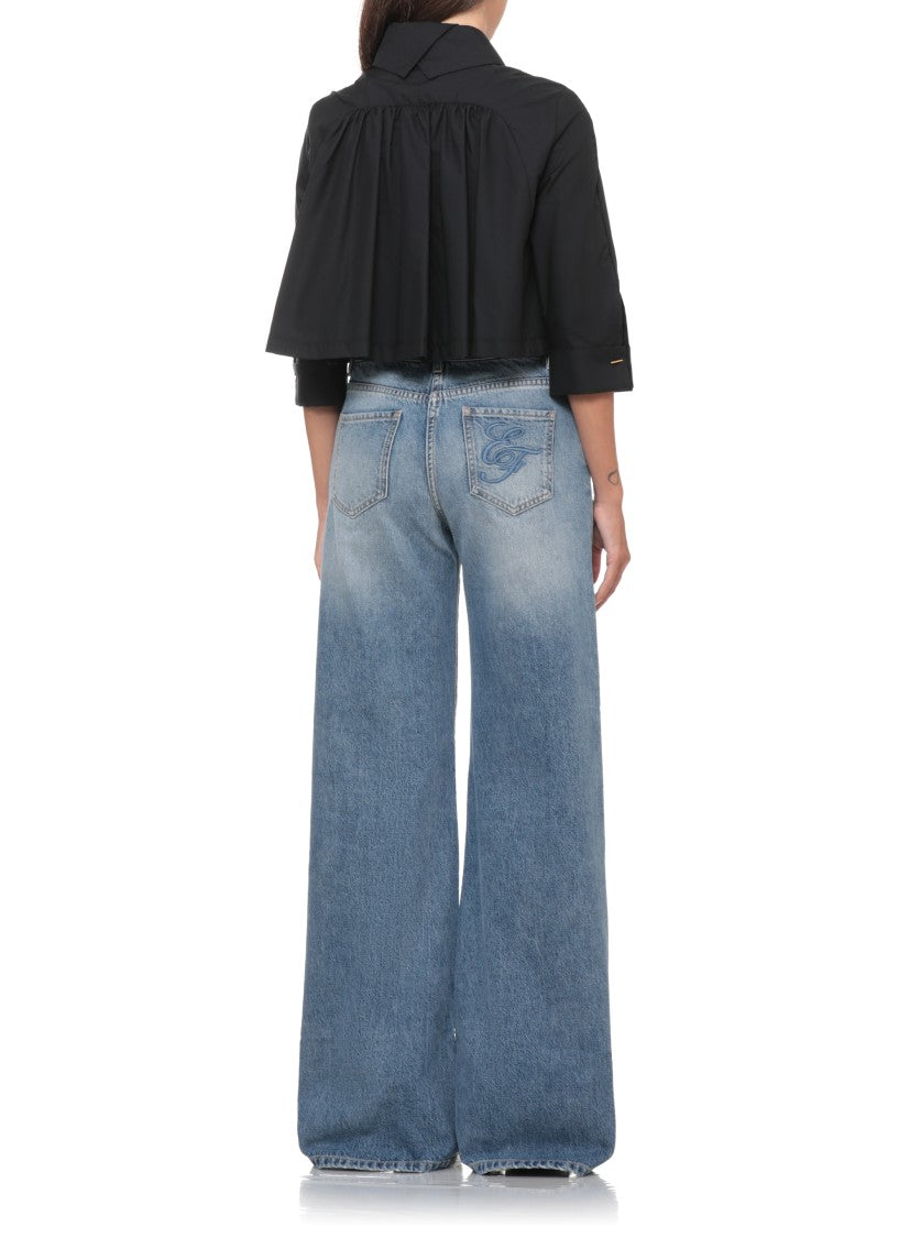 Elisabetta Franchi Black Chain-Cuff Cropped Cotton Shirt