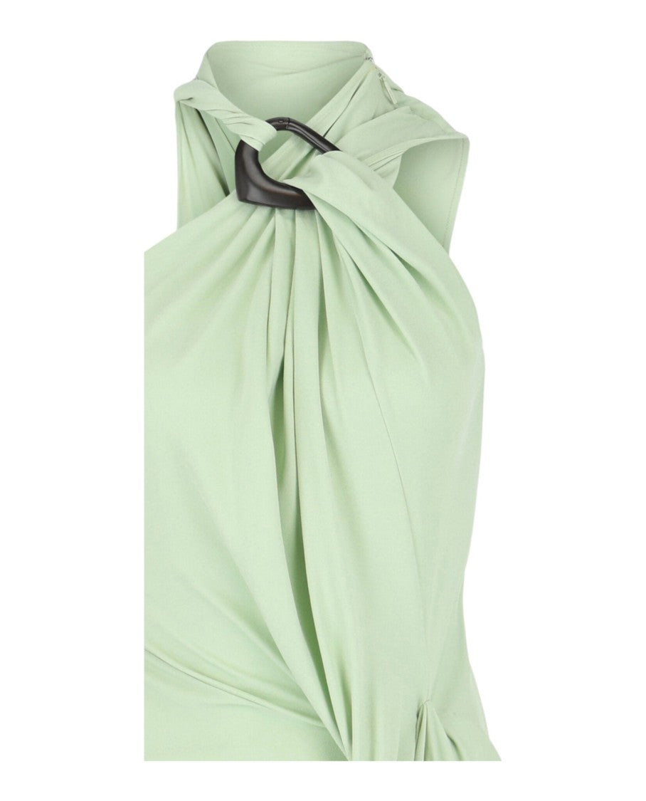 Ferragamo Asymmetrical Gathered Dress With Wooden Ring Accents