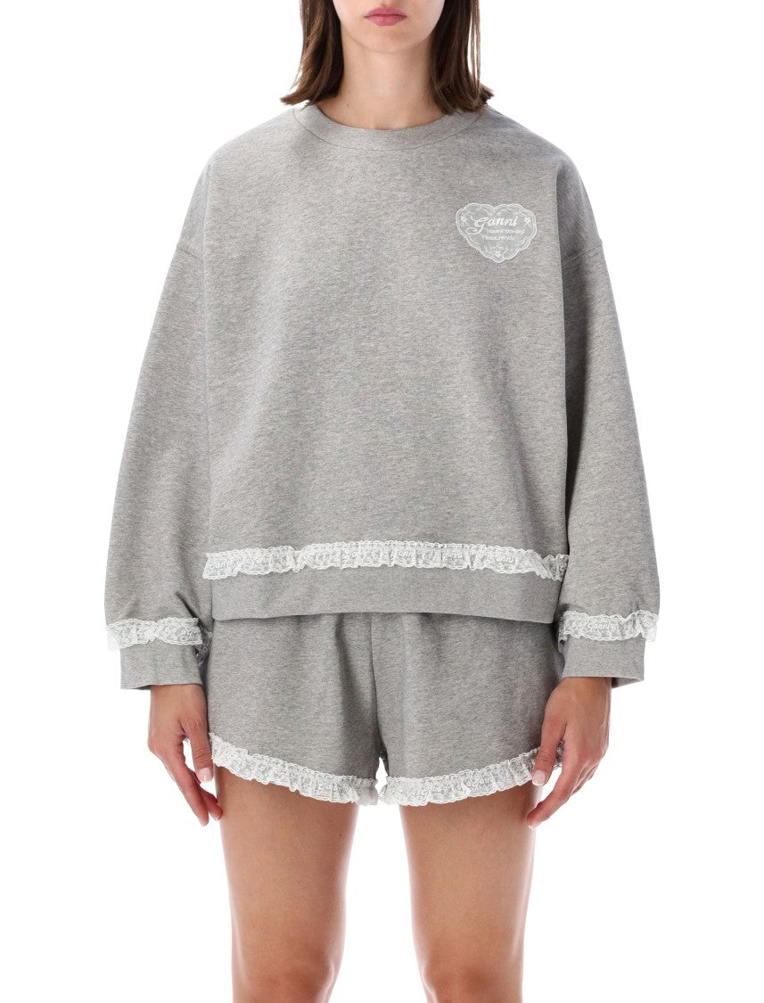 Ganni Relaxed Fit Fleece Crewneck With Lace Trim