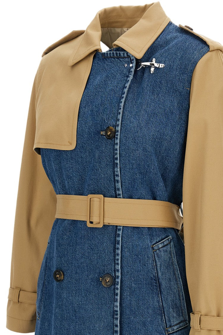Fay Beige Cotton Drill Trench Coat With Stone-Washed Denim Accents