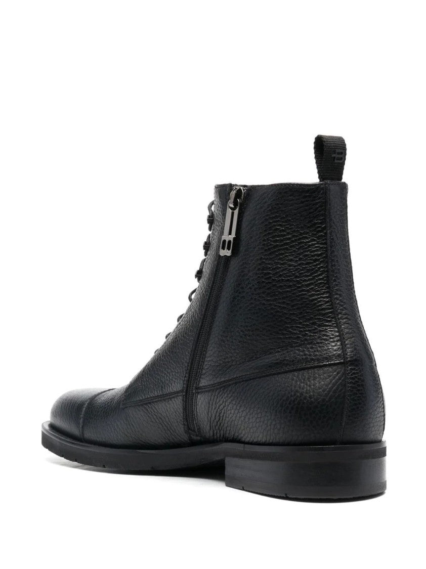 Baldinini Lace-Up Black Leather Ankle Boots With Textured Upper And Side Zipper