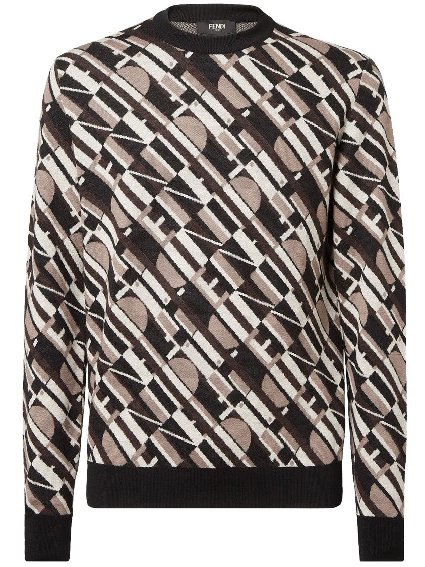 Fendi Long-Sleeve Geometric Pattern Crewneck Black Sweater